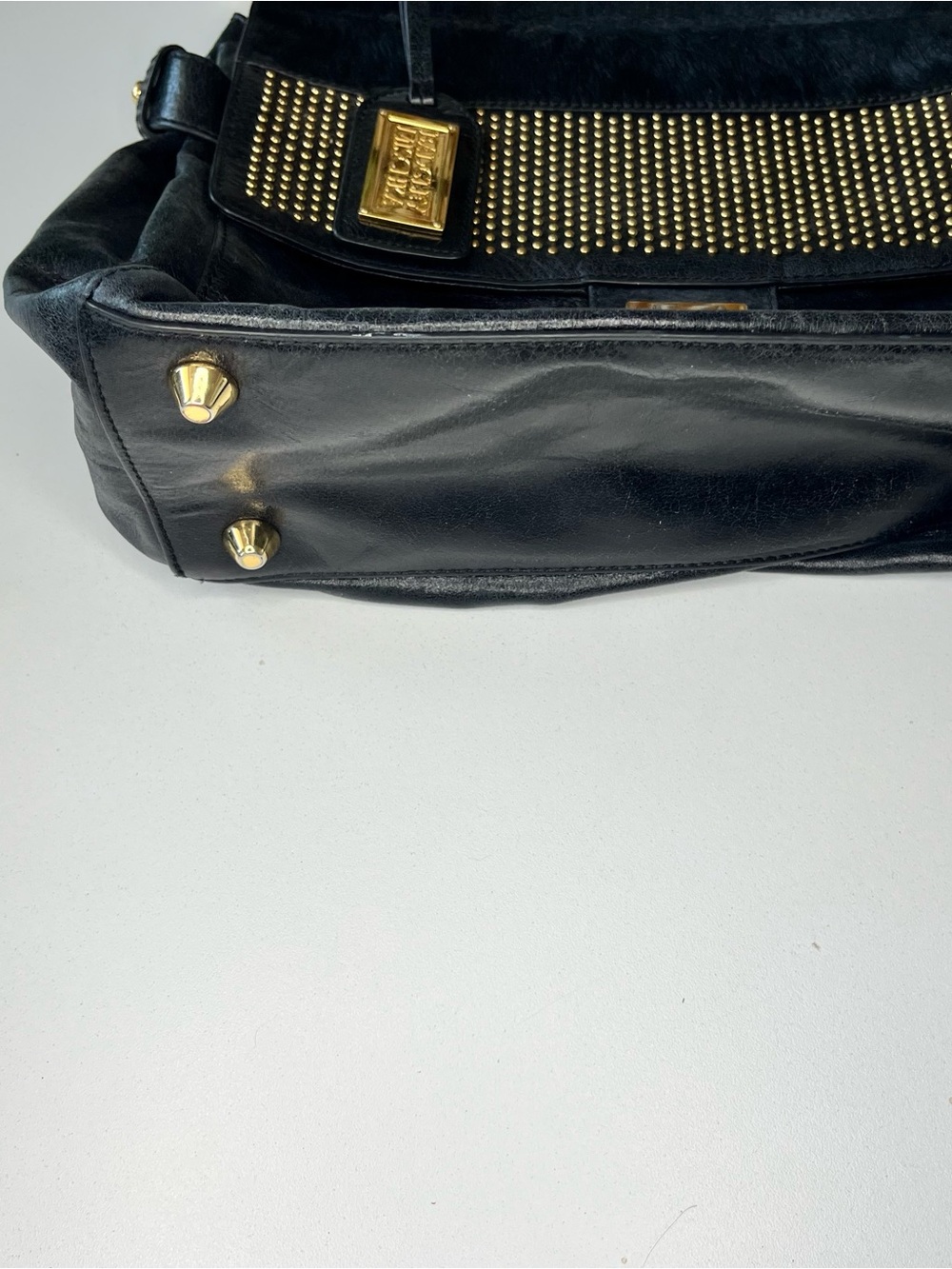 Leather Badgley Mischka Black Satchel with Gold Hardware - Picture 2 of 8